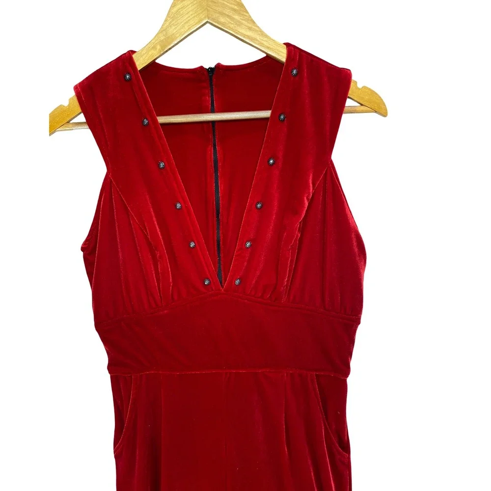 VTG Silverado Womens Red Velvet Studded V-Neck Wide Leg Jumpsuit S Western Glam